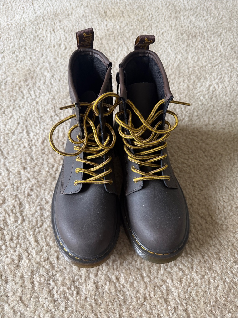 Dr. Martens Brown Leather Combat Boots with Yellow Laces